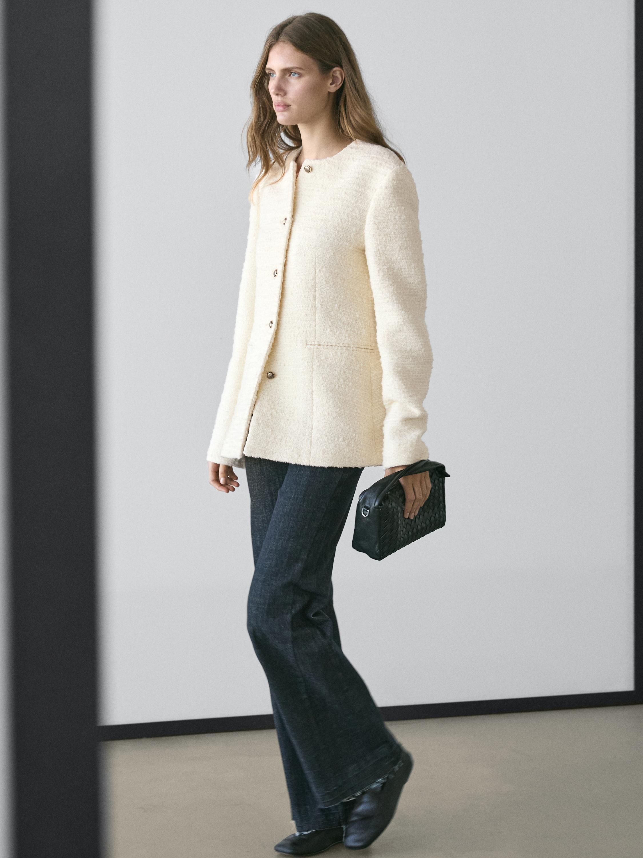 Textured wool blend jacket with rhinestone buttons